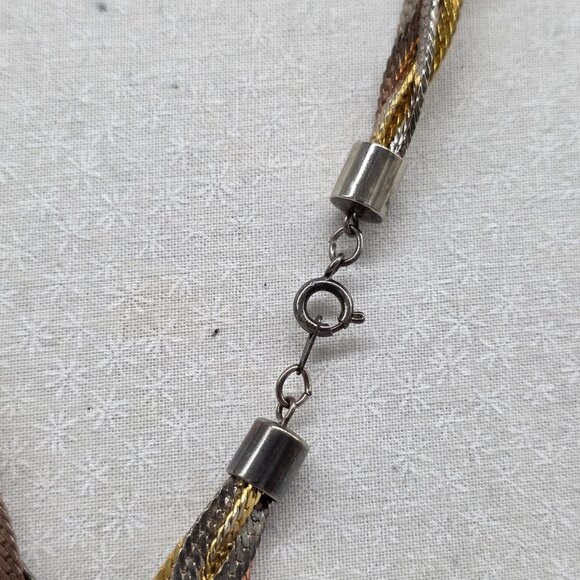 Tri-Color Braided Necklace With Silver/Gold/Copper-Tone Twist Barrel Clasp - Picture 5 of 6